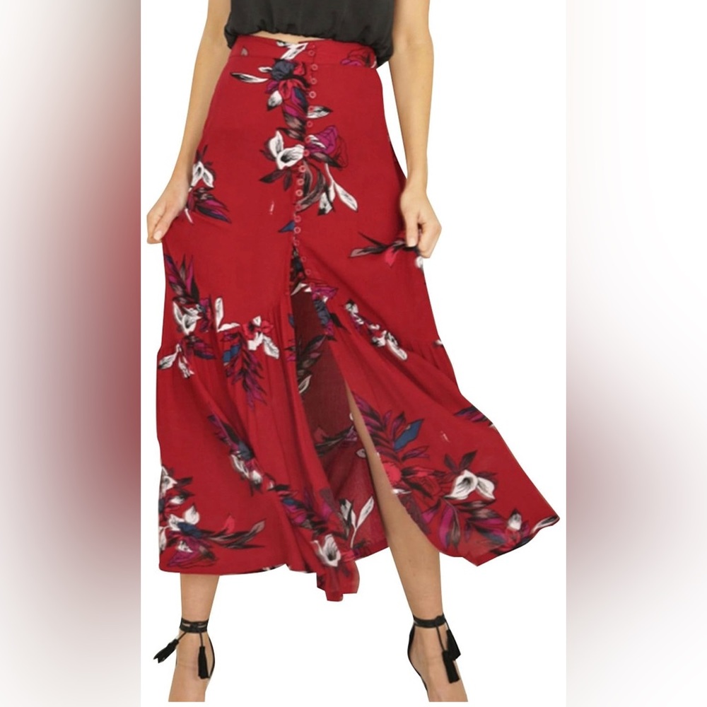 BerryGo Women's Boho Floral Maxi Skirt High Waist Long Skirt with Slit.